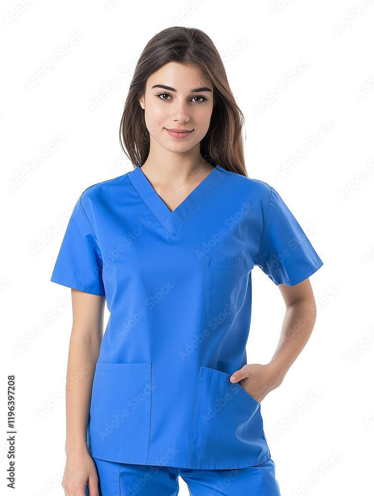 woman in blue scrubs stands confidently, isolated on transparency background, embodying professionalism and care. Her attire suggests role in medical field, possibly as nurse or healthcare worker woman in blue scrubs stands confidently, isolated on transparency background, embodying professionalism and care. Her attire suggests role in medical field, possibly as nurse or healthcare worker