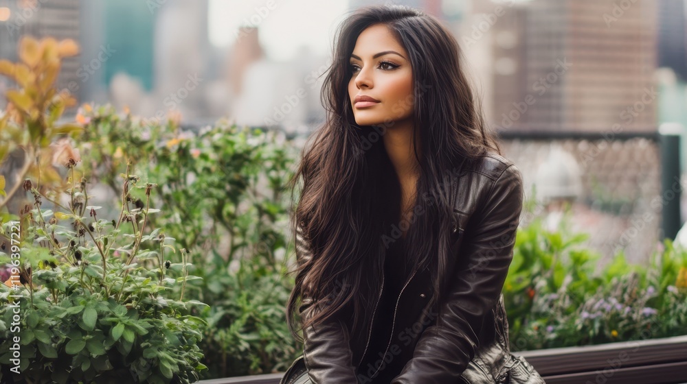 Urban Muse: A captivating portrait of a stylish woman with long dark hair, radiating confidence and allure. Her piercing gaze, framed by a sleek leather jacket. Urban Muse: A captivating portrait of a stylish woman with long dark hair, radiating confidence and allure. Her piercing gaze, framed by a sleek leather jacket.