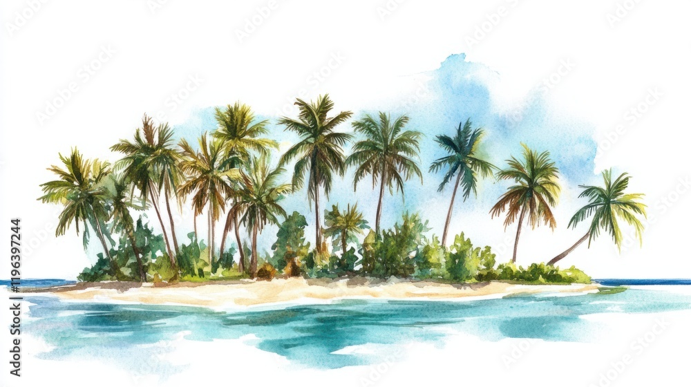 A dreamy watercolor island featuring leaning palms and golden sandy beaches under a clear blue sky, isolated on white A dreamy watercolor island featuring leaning palms and golden sandy beaches under a clear blue sky, isolated on white