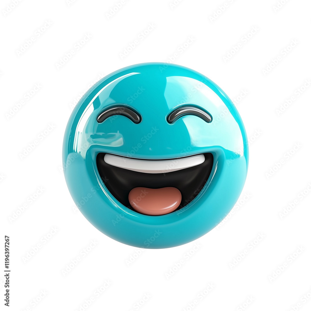 3D carefree emoji in vivid turquoise with joyful expression, isolated on transparency background, showcasing playful and vibrant design 3D carefree emoji in vivid turquoise with joyful expression, isolated on transparency background, showcasing playful and vibrant design