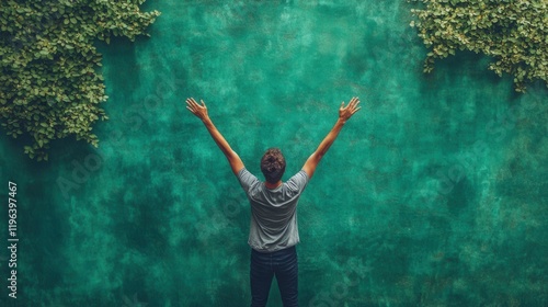 Wallpaper Mural Energetic Individual Celebrating with Upraised Arms, Vibrant Green Background, Central Text Space, Dynamic and Engaging Composition Torontodigital.ca