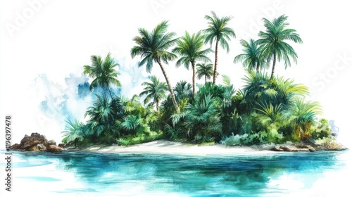 A lush tropical island with tall green palm trees and turquoise waters, painted in soft watercolors, isolated on white