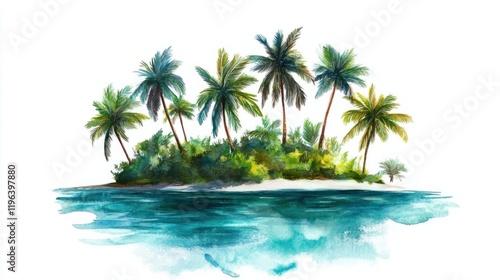 A lush tropical watercolor island with palms leaning toward the sea, surrounded by shimmering turquoise waters, on white