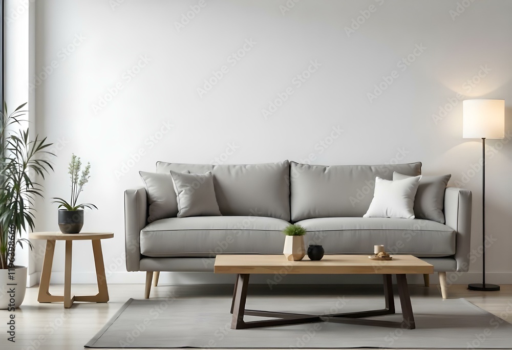 A modern living room with a gray sofa, wooden coffee table, and potted plant A modern living room with a gray sofa, wooden coffee table, and potted plant