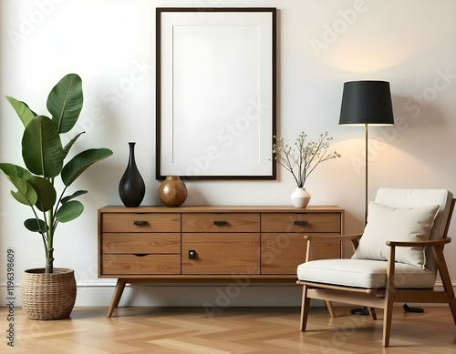 A modern living room with a wooden sideboard, framed artwork on the wall, and a potted plant. The room has a warm minimalist aesthetic with natural wood tones and neutral colors photo