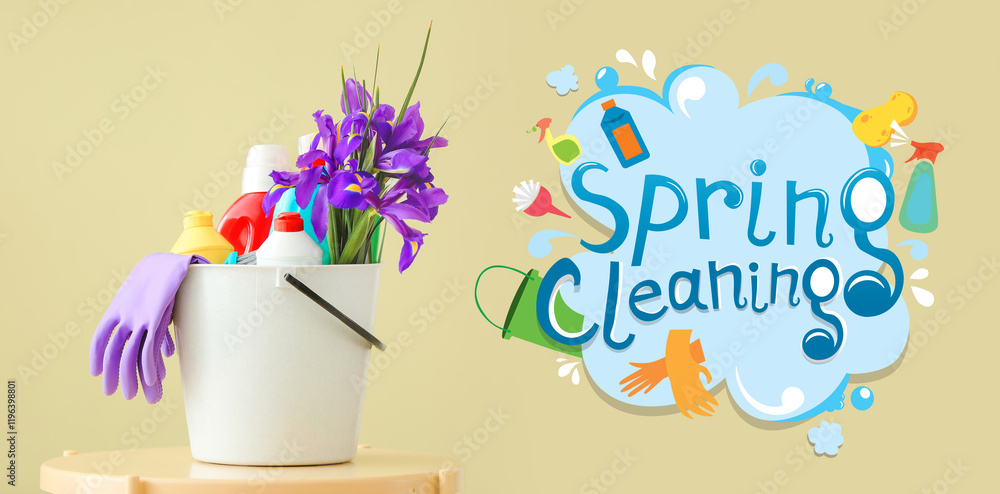 Set of cleaning supplies and spring flowers on color background Set of cleaning supplies and spring flowers on color background