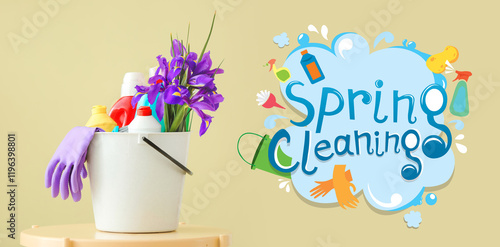 Obraz na plátne Set of cleaning supplies and spring flowers on color background