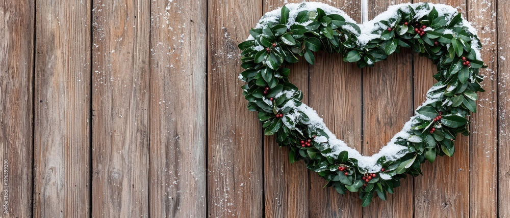 Heart-shaped wreath adorned with snow. Valentine's Day in winter season. Heart-shaped wreath adorned with snow. Valentine's Day in winter season.