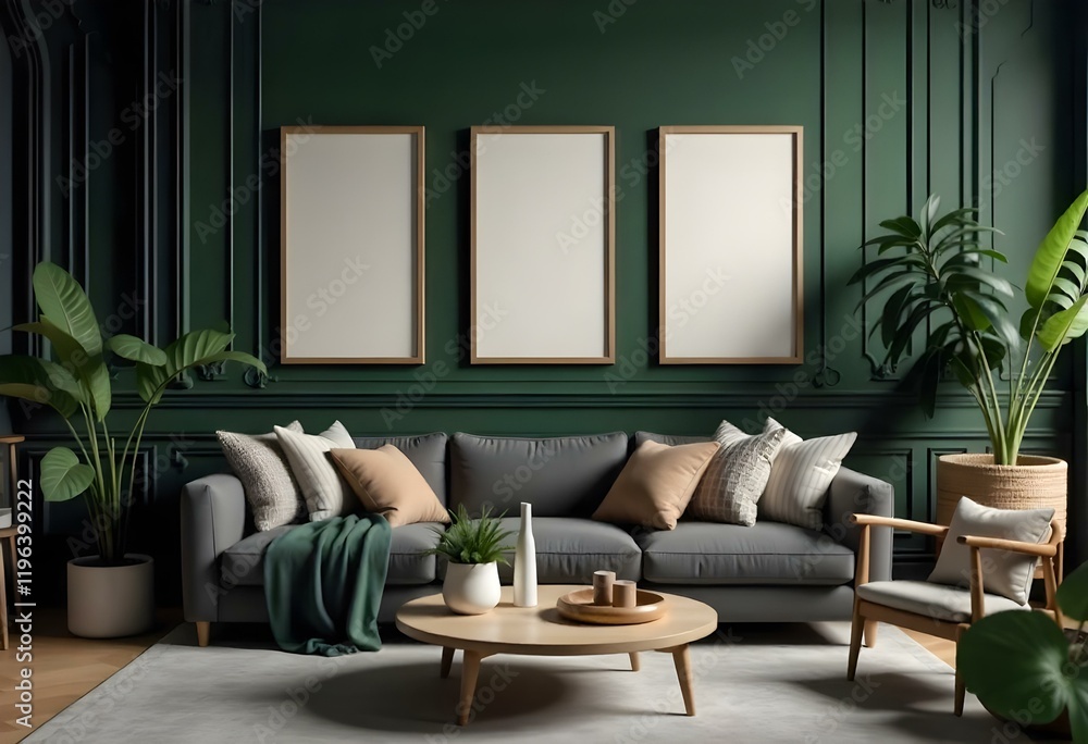 A modern living room with a green accent wall, a gray sectional sofa, and three framed wall art pieces A modern living room with a green accent wall, a gray sectional sofa, and three framed wall art pieces