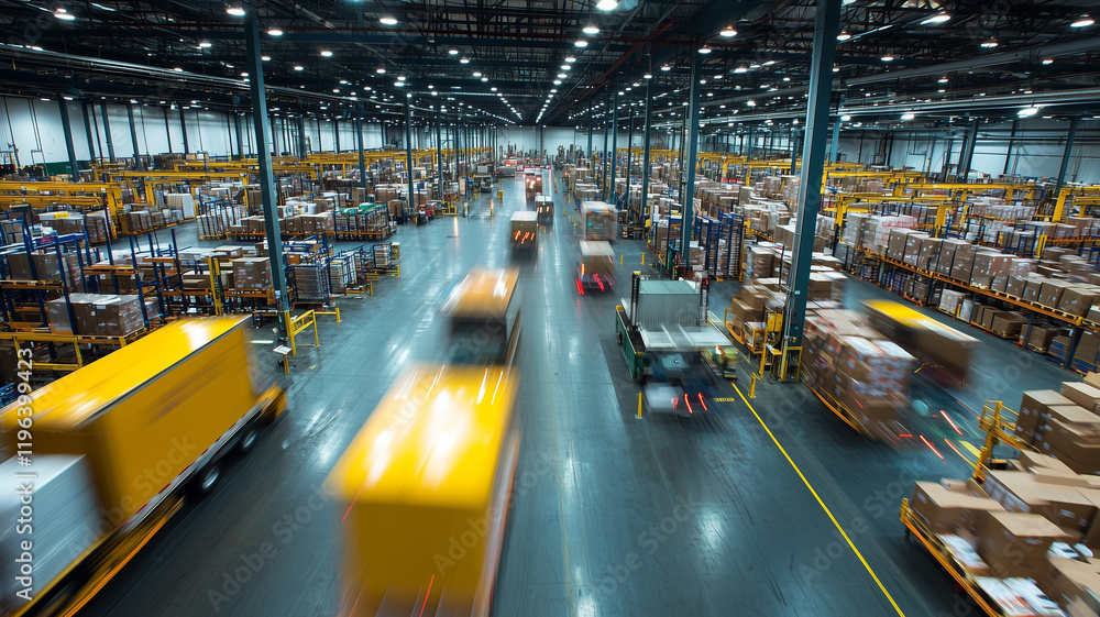 bustling distribution center with trucks moving swiftly among rows of stacked packages and shelves, showcasing efficiency and scale of modern logistics operations bustling distribution center with trucks moving swiftly among rows of stacked packages and shelves, showcasing efficiency and scale of modern logistics operations