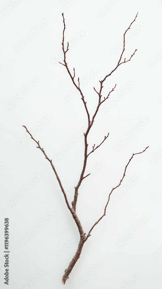 Lonely Branch Ascending, a slender bare branch poised in the lower right corner against a white backdrop, evoking a sense of solitude and resilience.