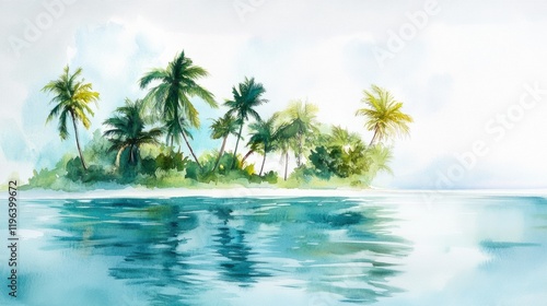 A serene tropical watercolor painting of an island paradise with swaying palms and rippling turquoise waters  on white