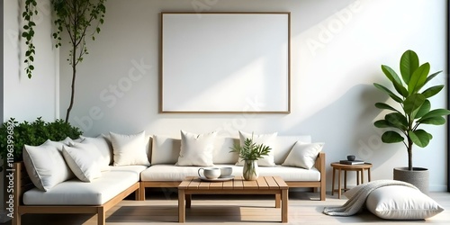 A modern outdoor patio with a wooden bench and coffee table  surrounded by white pillows and a large blank frame on the wall
