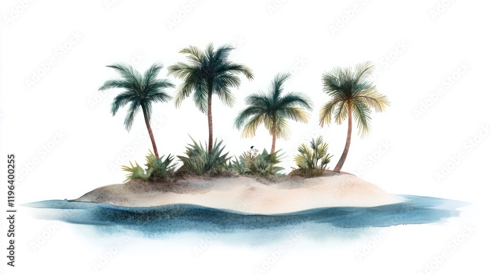Fototapeta premium A small tropical oasis with watercolor palms and soft sand, set against a gradient blue sea, isolated on white