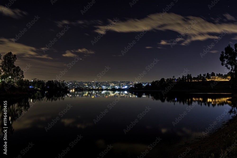Nightfall Serenity: Lake Reflection of City Lights Nightfall Serenity: Lake Reflection of City Lights