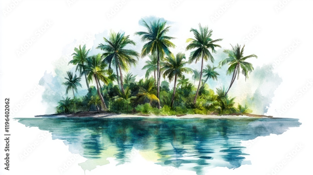 Obraz premium A tropical island with vibrant palm trees and a soft watercolor sea, painted in lush greens and blues, isolated on white