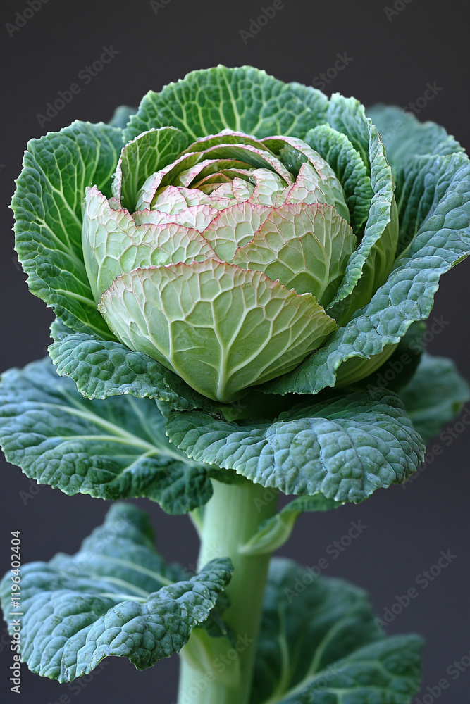 Fototapeta premium A single ornamental cabbage displays vibrant green leaves