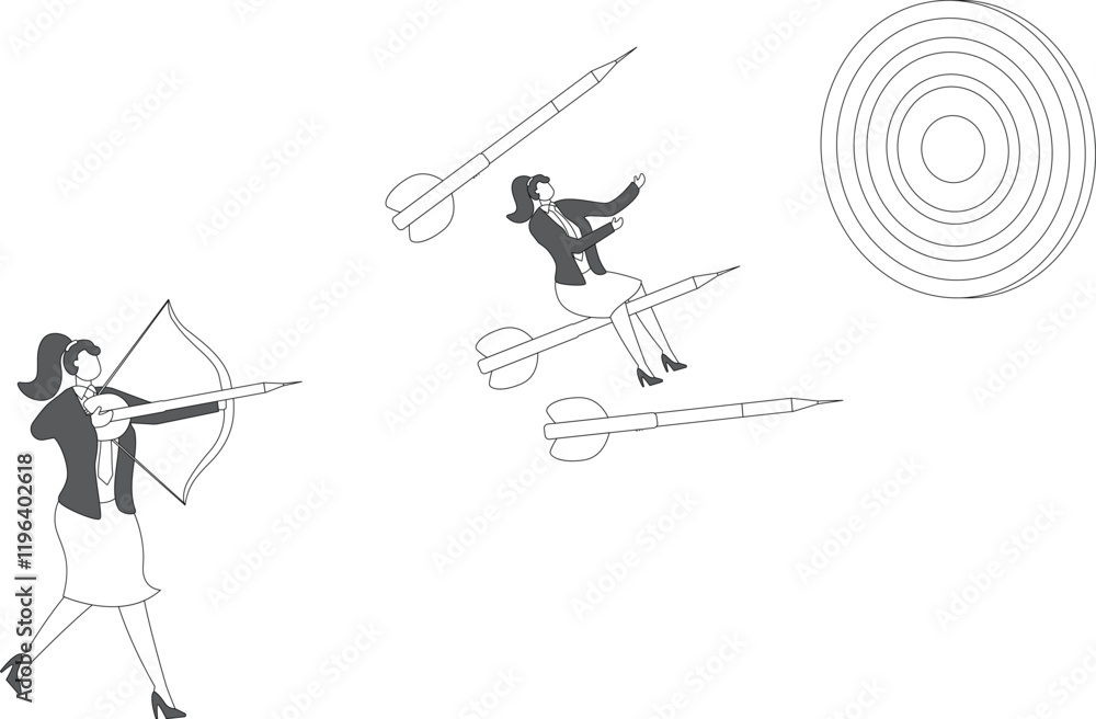 Change career path or difference direction with businesswoman riding the dart changed its flight direction towards business goals, change business strategy, leadership to choose a path to success Change career path or difference direction with businesswoman riding the dart changed its flight direction towards business goals, change business strategy, leadership to choose a path to success
