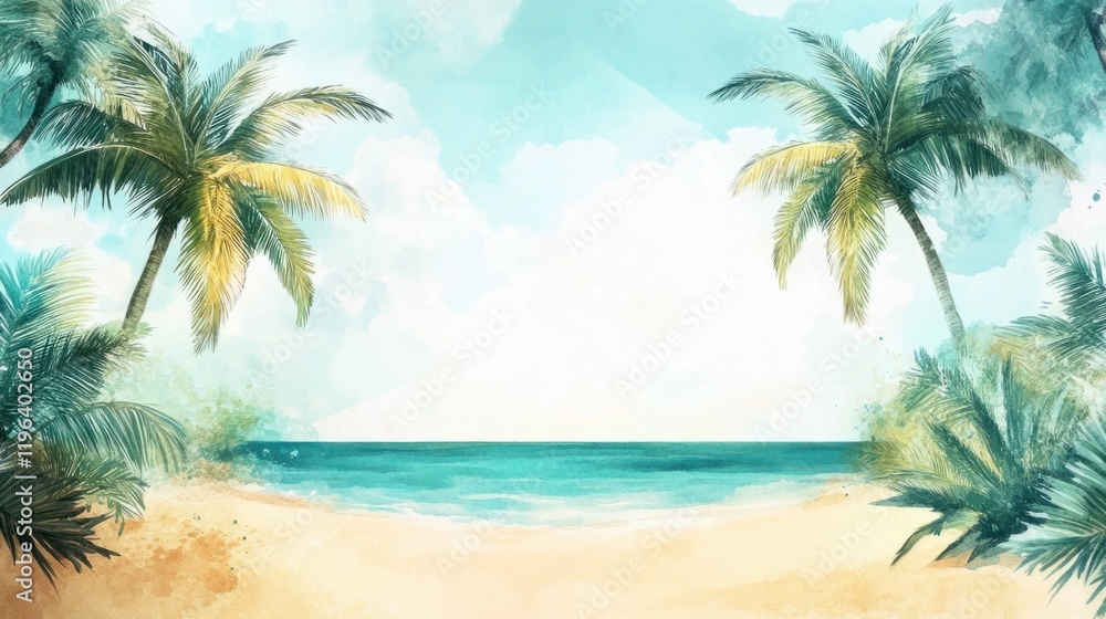 Obraz premium A vibrant tropical watercolor scene with tall coconut palms, golden sands, and a peaceful blue ocean, on a clean background