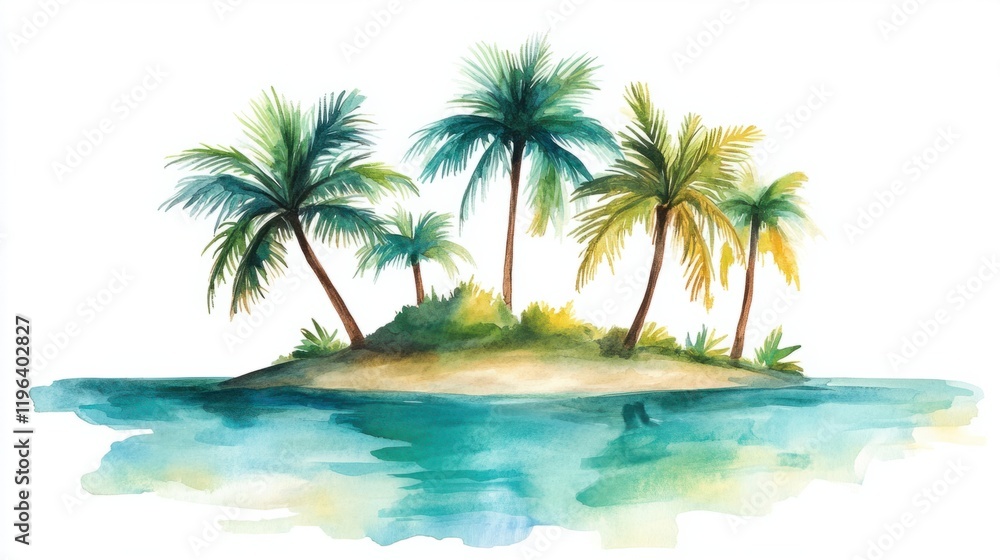 A vibrant watercolor island with leaning palm trees and rippling turquoise waters, showcasing a tropical vibe, isolated on white A vibrant watercolor island with leaning palm trees and rippling turquoise waters, showcasing a tropical vibe, isolated on white