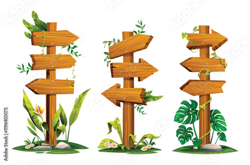 Wooden signposts decorated with tropical plants and vines, natural rustic look. Vector cartoon illustration