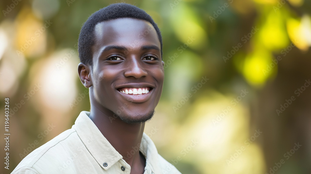Obraz premium Young African American man smiling outdoors in natural light. Perfect for wellness programs, healthcare, and community engagement.