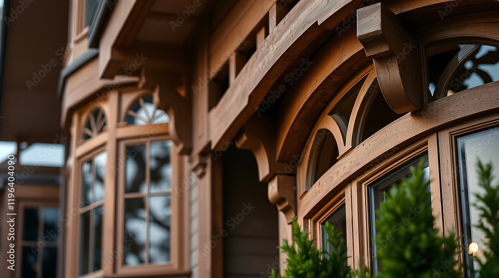 Elegant Wooden Bay Window: Architectural Detail of a Luxurious Home Exterior Elegant Wooden Bay Window: Architectural Detail of a Luxurious Home Exterior