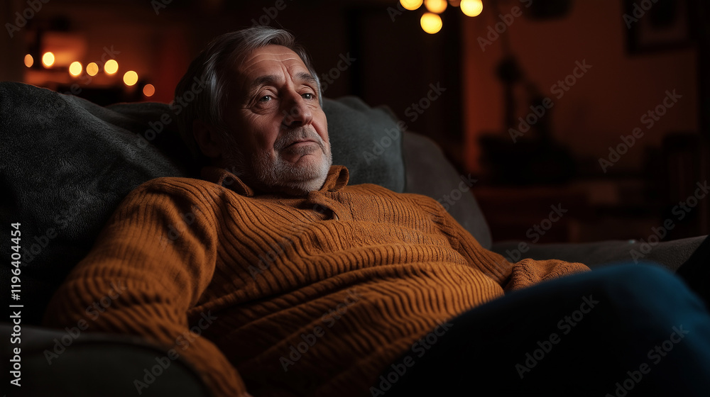 Mature man relaxing in evening ambiance. Ideal for comfort living, relaxation themes, and lifestyle wellness. Mature man relaxing in evening ambiance. Ideal for comfort living, relaxation themes, and lifestyle wellness.
