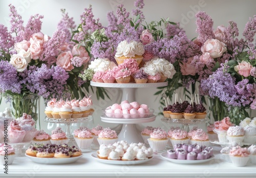 Wallpaper Mural Elegant Dessert Table Displaying Various Cupcakes, Macarons, and Pastries Surrounded by Beautiful Pink and Purple Floral Arrangements for Celebratory Events Torontodigital.ca