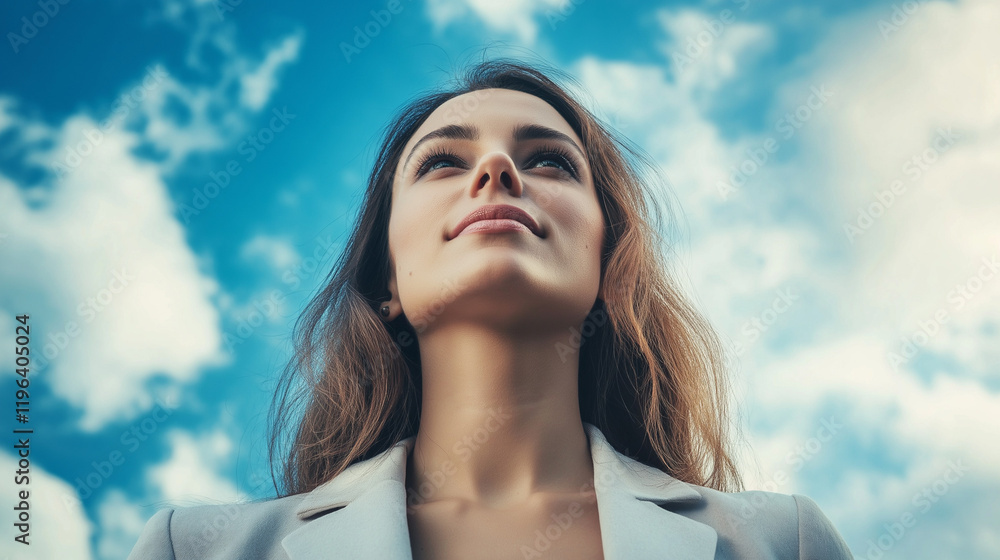 Professional woman looking up at sky with aspirational pose. Perfect for leadership vision, career success, and female empowerment. Professional woman looking up at sky with aspirational pose. Perfect for leadership vision, career success, and female empowerment.