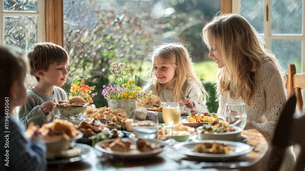 A mother and her children having a relaxed Mother's Day lunch at home, with a variety of homemade dishes. A mother and her children having a relaxed Mother's Day lunch at home, with a variety of homemade dishes.