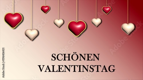 Animation Schönen Valentinstag, Happy Valentine's day in german language, greeting card, hanging red and silver hearts, deep red and creamy gradient background