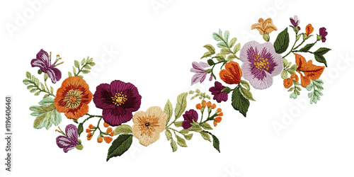 Exquisite embroidered floral arrangement; vibrant, multicolored flowers on black background. Perfect for textile design, invitations, or fashion.