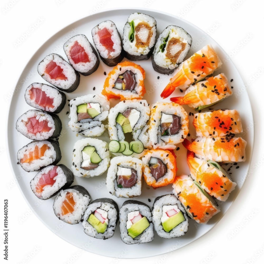 A plate of assorted sushi rolls including California rolls and spicy tuna rolls, isolated white background, hyperrealism art style A plate of assorted sushi rolls including California rolls and spicy tuna rolls, isolated white background, hyperrealism art style