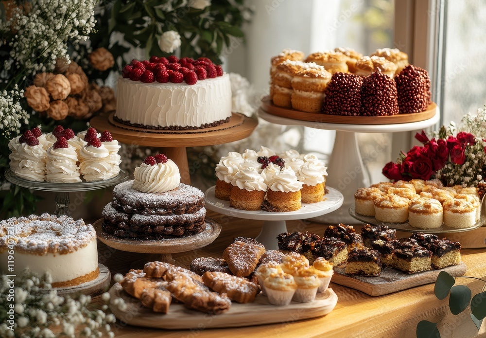 Exquisite Display of Assorted Cakes and Pastries with Fresh Berries, Cream, and Elegant Floral Arrangements in a Bright and Inviting Bakery Setting Exquisite Display of Assorted Cakes and Pastries with Fresh Berries, Cream, and Elegant Floral Arrangements in a Bright and Inviting Bakery Setting