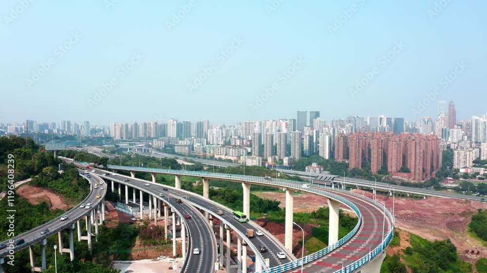 Intricate aerial view of a bustling viaduct in a vibrant urban landscape with heavy traffic Intricate aerial view of a bustling viaduct in a vibrant urban landscape with heavy traffic