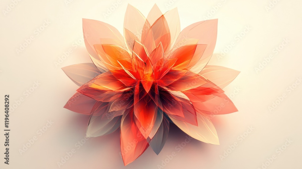 Obraz premium A geometric abstract flower with sharp edges and bright red and orange tones, isolated on a neutral background