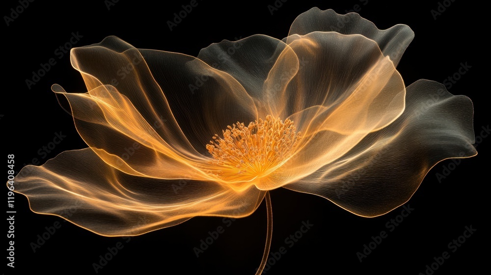 custom made wallpaper toronto digitalA glowing abstract flower with golden hues and delicate petal patterns, isolated on a soft black background