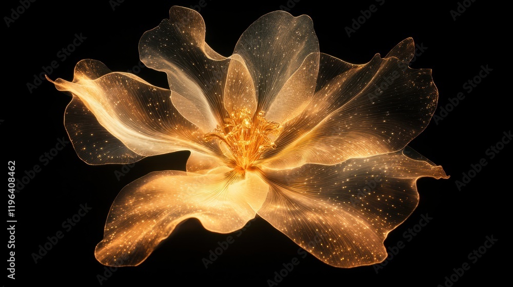 custom made wallpaper toronto digitalA glowing abstract flower with golden hues and delicate petal patterns, isolated on a soft black background