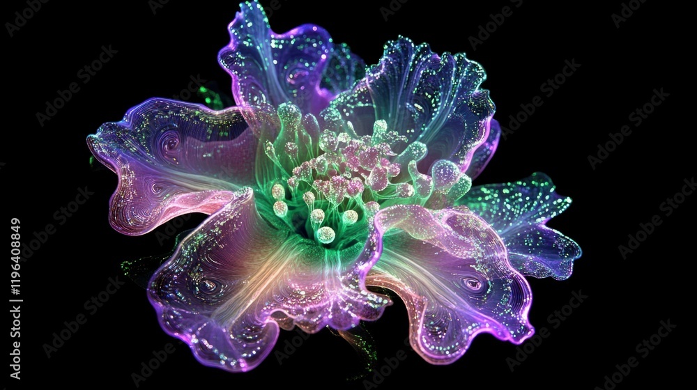 Obraz premium A glowing fractal-inspired abstract flower with intricate layers of luminous petals in purple and green, isolated on black