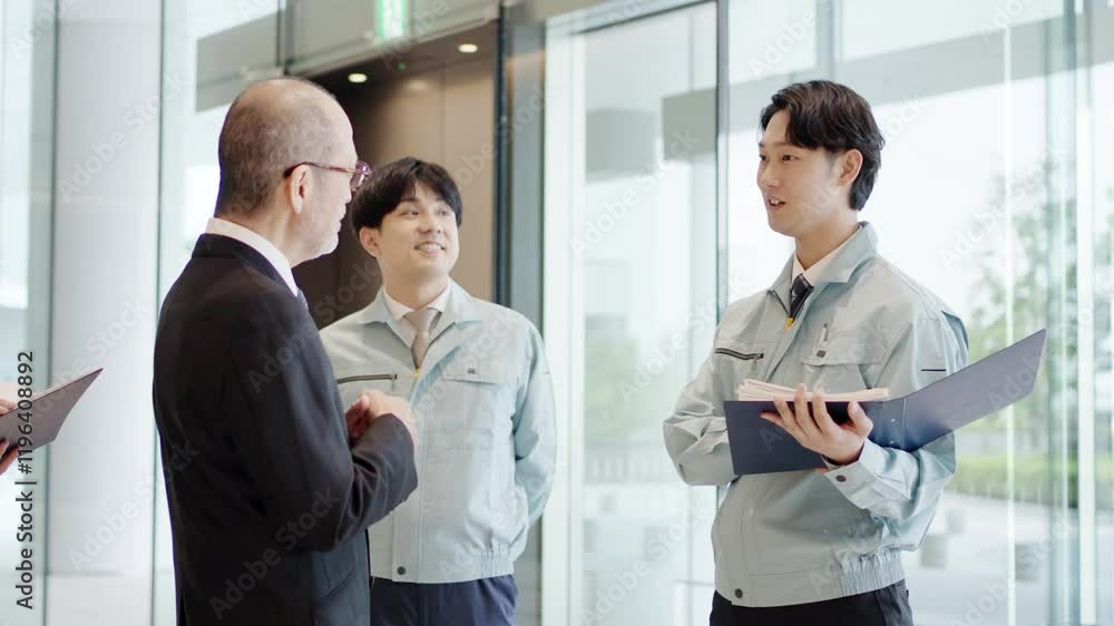 ロビーで話をするビジネスマンと作業服を着た男性 ロビーで話をするビジネスマンと作業服を着た男性