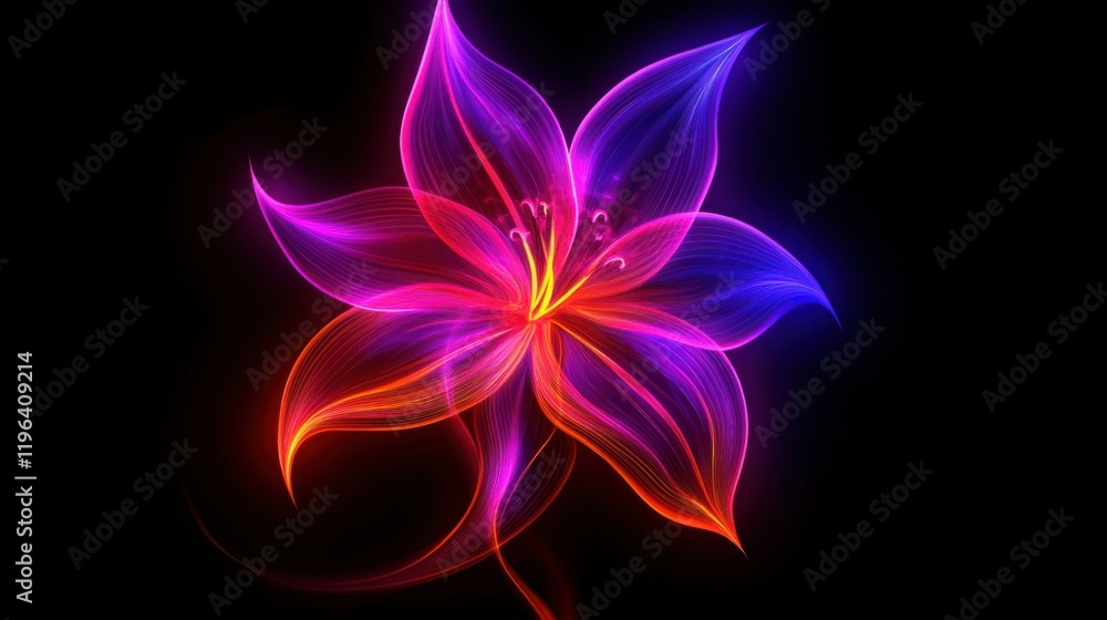 A glowing neon abstract flower with vibrant purple and orange hues, creating a futuristic appearance, isolated on a dark background A glowing neon abstract flower with vibrant purple and orange hues, creating a futuristic appearance, isolated on a dark background