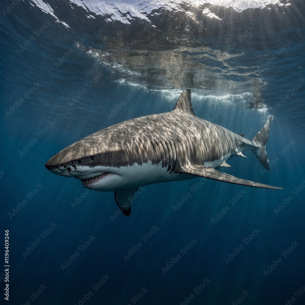 Naklejka premium A great white shark’s dorsal fin cutting through the ocean surface, artistic impression on white.