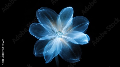 A luminous abstract flower with glowing neon petals and a soft radiance, isolated on black