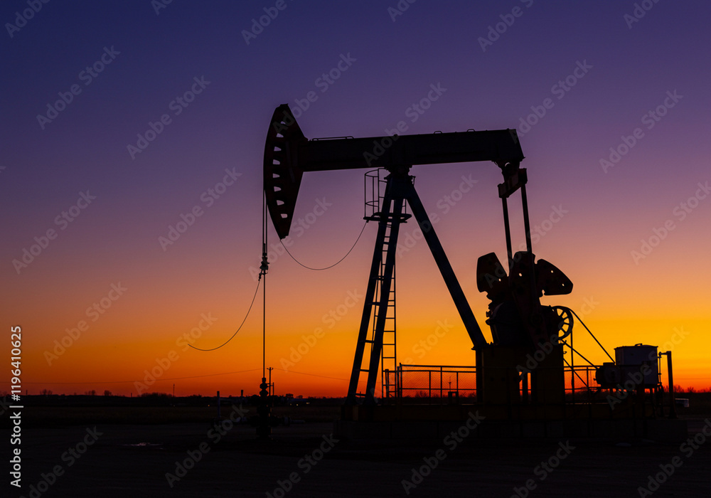 A close-up view of an oil pump jack working in a vast, open field, highlighting the machinery involved in oil extraction, capturing a powerful image A close-up view of an oil pump jack working in a vast, open field, highlighting the machinery involved in oil extraction, capturing a powerful image