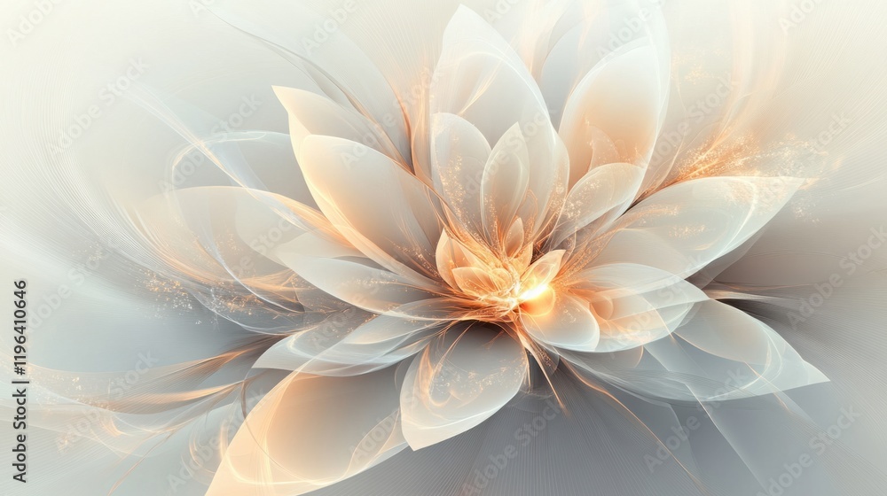 A soft, ethereal abstract flower with translucent white petals and a faint glow, isolated on a light background A soft, ethereal abstract flower with translucent white petals and a faint glow, isolated on a light background