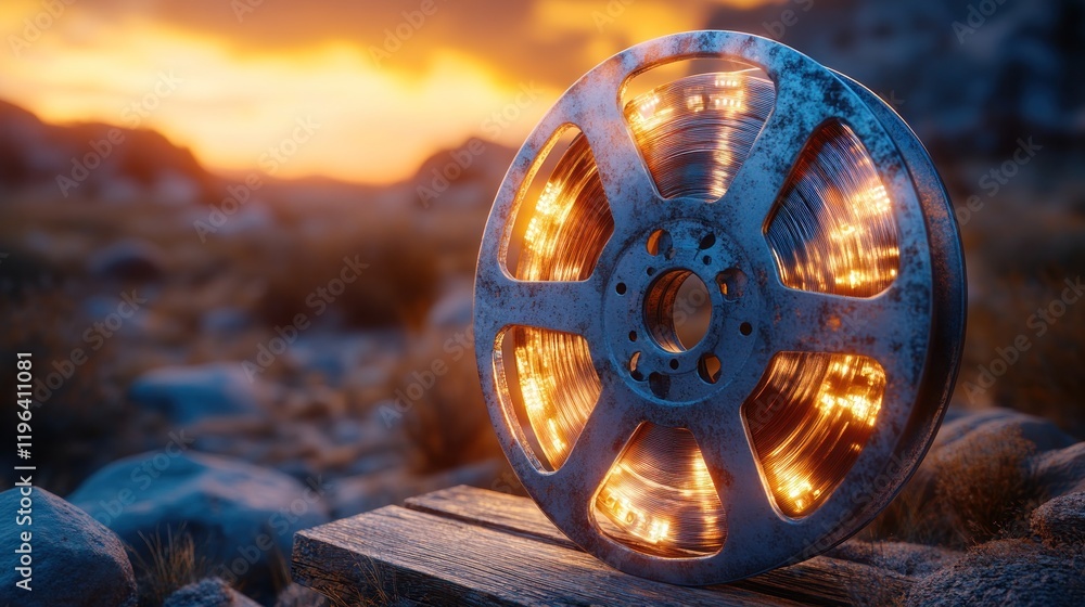 Obraz premium Glowing film reel sunset desert landscape