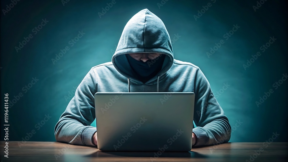 A hacker wearing hoodie and hiding face while working a laptop A hacker wearing hoodie and hiding face while working a laptop