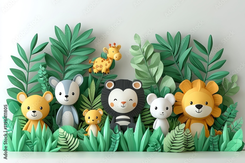 Fototapeta premium Adorable Papercraft Animals Amidst Lush Green Foliage