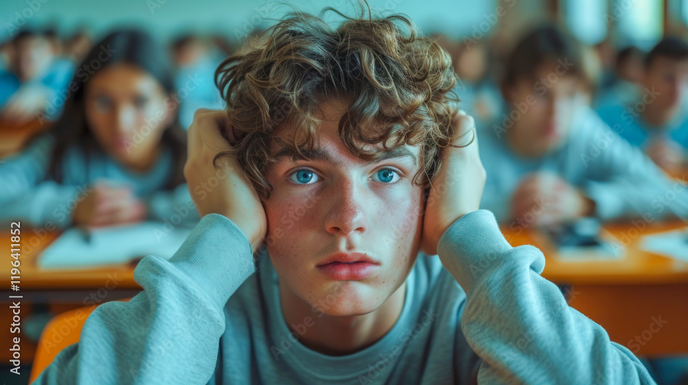 Bored Teenage Student Sitting in Classroom During Lecture Time Bored Teenage Student Sitting in Classroom During Lecture Time